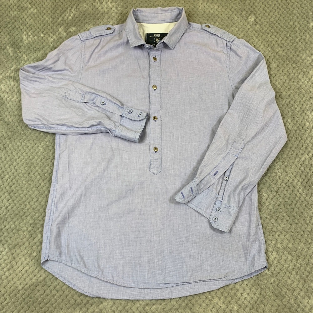 Diesel Unharbouring Dreams Shirt Mens L Blue Gingham Popover Epaulette Y2K